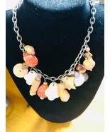 Silver Tone Chain Coral Shell Beads Marble Flower Shaped Necklace Jewelry - £9.55 GBP