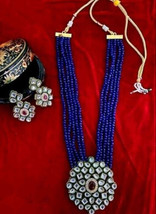Indien Bollywood Style Plaqué Or Kundan Bleu Long Pendentif Mariage Bijoux Set - £14.86 GBP