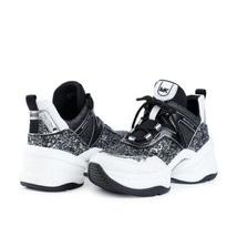 MICHAEL KORS Olympia Glitter Trainer Sneaker Women’s Black Silver 8.5M Lace Up - £104.39 GBP