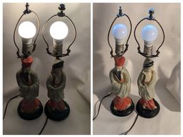 Vintage Beaucoup De 2 Chalkware Lampe Orientale Figurine Asiatique Mâle ... - $415.76