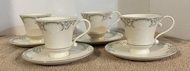 (4) Vintage Cameo by Pickard Footed Cup &amp; Saucer Sets White Roses Platinum Trim - £50.62 GBP