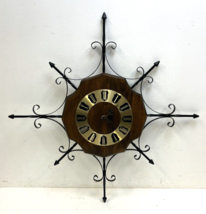 Vintage Wall Clock mid century modern carved wood wrought iron metal 60s art mcm - £19.92 GBP