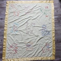 Vintage 1970s Yellow Print Satin Trim Baby Blanket 42 x 34.5 Animals Cat Rabbit - £23.32 GBP