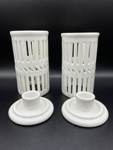 Williams Sonoma WHITE pierced 2 taper Candle holders  5 3/4&quot; - £38.95 GBP
