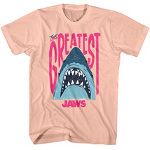 Jaws The Greatest Shark Men&#39;s Pink T Shirt Teeth Bite Cartoon Comic Movie Crew - £22.38 GBP+