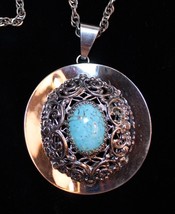 Vintage Turquoise Blue Filigree Pendant Silver Tone Chain Necklace Unsigned - £31.12 GBP