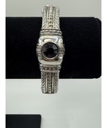 Heavily Made Silver Tone Hinged Bangle Black Faceted Stone Size 7 - $14.99