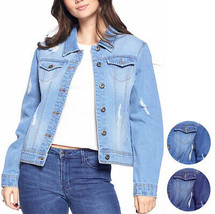 Women&#39;s Classic Distressed Cotton Denim Button Up Long Sleeve Jean Jacket - £25.13 GBP