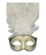 Silver Masquerade Mask with White Feather and Jewel - £15.12 GBP