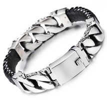 Vintage Charm Men's Bracelet Stainless Steel Curb Chain With Black Leather Wrist - £39.33 GBP