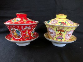 2 x antique porcelain gaiwan Mun Shou Lidded cup. Sealmark - £239.78 GBP