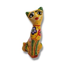 Talavera Hand Painted Mexican Folk Art Pottery Cat Figurine 6&quot; Yellow Peyote - $23.76