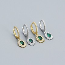18K Yellow Gold Plated Halo CZ Green Oval Flower Hoop Dangling Party Earrings - £46.40 GBP