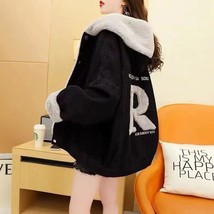 Denim jacket fashion hooded single breasted warm letter print outwear new autumn winter thumb200