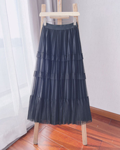 Pleated Tulle Skirt Black White Midi Length Custom Plus Size by Dressromantic