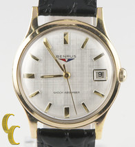 Benrus Gold-Plated Shock Absorber  Watch w/ Date Leather Band Gift for Him! - £470.00 GBP