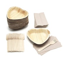 25 Heart Shaped Palm Leaf Plates Set With Forks And Napkins - Disposable Eco-Fri - £23.71 GBP