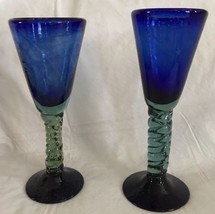 Hand Blown Goblets Large Art Wine Glass Cobalt Blue Cup/Foot Swirled Green Stem - £16.42 GBP