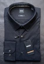 HUGO BOSS Hombre Hank Kent Fácil Hierro Negro Corte Slim Algodón Camisa 44 17.5 - £51.27 GBP