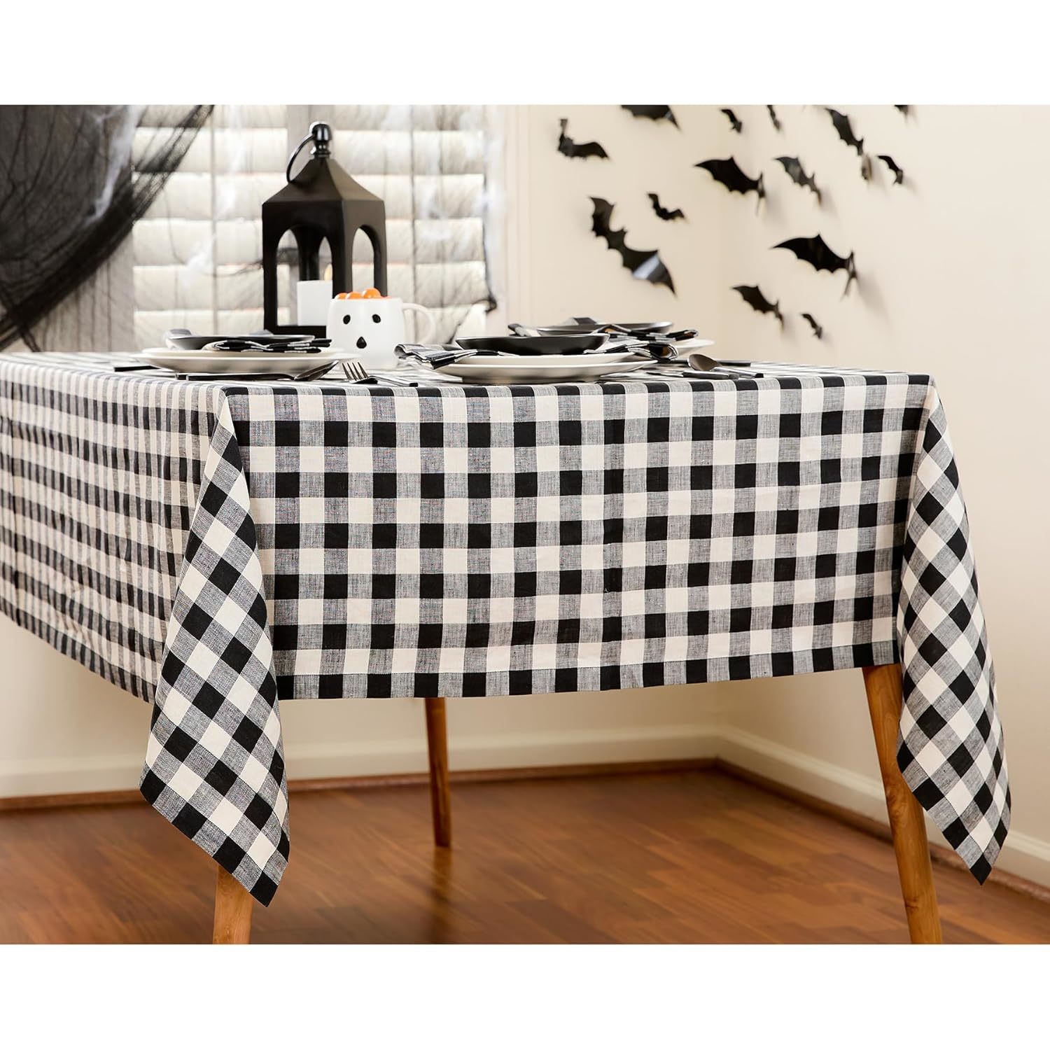 Linen Check Tablecloth 120" L X 60" W Inch  100% Pure Linen Black And Cream Fall