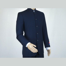 Men Apollo King Banded Collarless suit Mandarin 5 Buttons Wide leg M5-2 Navy image 4