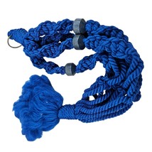 Macrame Plant Hanger Blue Wood Beads Metal Hanging Ring Tassel MCM Vintage - £20.58 GBP