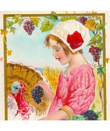 Pretty Girl With Basket of Grapes Feeding a Turkey Antique Thanksgiving ... - $12.00