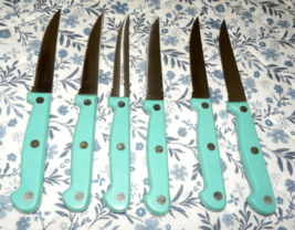 HTF 6 Pc Set Pioneer Woman Aqua BLUE STEAK KNIFE SET Serrated Edge - $24.74