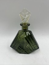 Antique Bohemian Green Cut Cristal Glass Perfume Bottle With Top MCM - $80.29