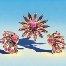 Vintage pink rhinestone prong settings gold tone brooch clip on earrings  - £59.26 GBP