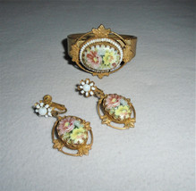 Miriam Haskell Dangle Earrings &amp; Clamper Bracelet Hand Painted Porcelain Vintage - £197.84 GBP
