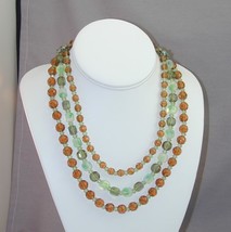 3 Strand Vintage Crystal Bead Necklace Brown Opalescent Green Ornate AB ... - £24.03 GBP
