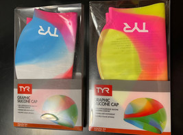 Lot of 2 TYR Silicone Youth Fit Swim Cap Colorful Blue Pink Tie Dye Graphic NIP - £14.89 GBP