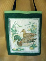 Hand Made Statement Green Quilted Tote with Mallard Duck Scene - £15.75 GBP