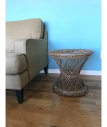 Vintage MCM Hourglass Woven Rattan Wheat Sheaf Coffee End Side Round Table  - $148.50