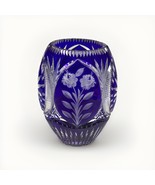 LAUSITZER German Democratic Republic Etched Floral Cobalt Blue Crystal Vase - $135.32 CAD