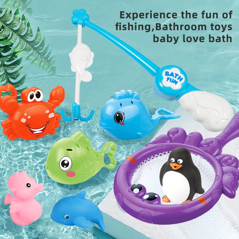 Bath Toys Fishing Games with Fish Net Squirt Fishes Crab Pool Bath Time Bathtub - £10.86 GBP+