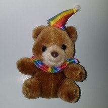 VTG Brown Teddy Bear Plush Clown Jester Birthday Rainbow Hat 7.5&quot; Ace Novelty - £13.42 GBP