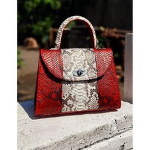 Medium Size Red Python Tophandle Handbag Genuine Leather Women&#39;s Snakeskin Purse - £124.17 GBP