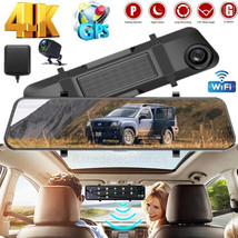 4K WiFi Dash Cam 12&quot; Voice Control Car Rear View Backup Dual Camera Mirror GPS - £117.98 GBP