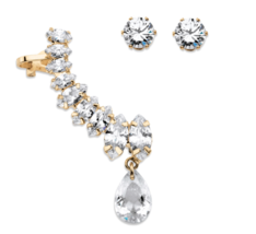 MARQUISE &amp; PEAR CUT WHITE CRYSTAL EAR CUFF AND ROUND STUD SET GOLD TONE - £78.65 GBP