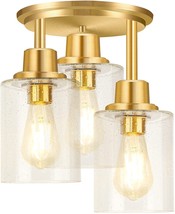 Gold Flush Mount Ceiling Light Fixture Modern Seeded Glass Brass Kitchen Metal 3 - £67.62 GBP