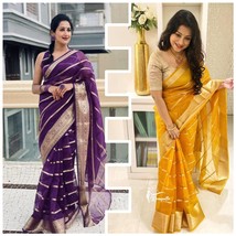Kora Silk Organza Saree | Gold Zari Weaving Work| solid color |Traditional Party - £55.89 GBP