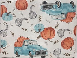 Peva Flannel Back Tablecloth 60&quot;x84&quot;Oblong,BLUE Trucks With Pumpkins &amp; Leaves,Mi - £13.37 GBP