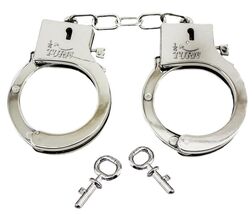 4 PAIR BULK LOT ELECTROPLATED SHINY SILVER PLASTIC HANDCUFFS toy with ke... - $6.75