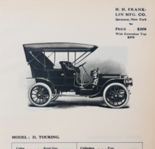 1908 H.H. Franklin MFG Model D Touring Catalog Advertisement Automobilia... - $568.44 MXN