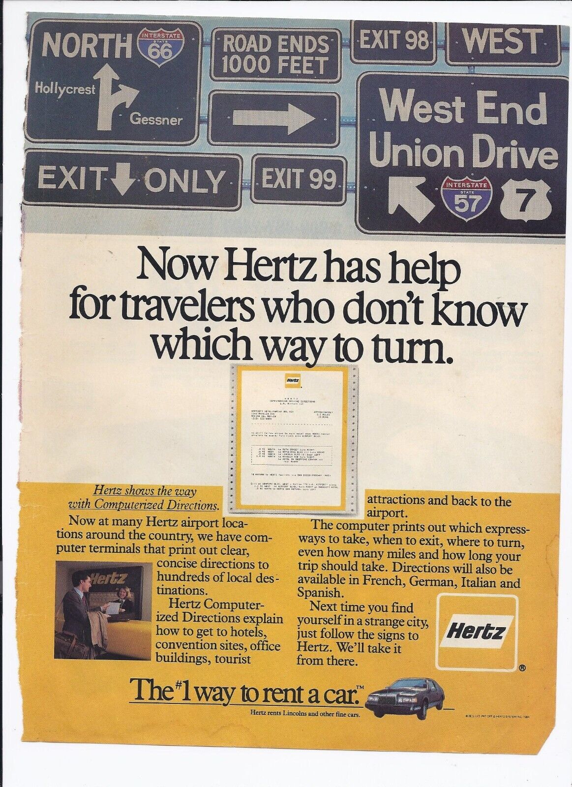 1984 Hertz Rental Car Print Ad Computerized Directions 8.5&quot; x 11&quot; - $19.95