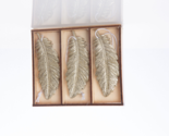 SET OF 3 CHAMPAGNE GOLD FINISH 4&quot; RESIN FEATHER XMAS ORNAMENTS w/WOOD GI... - $18.88