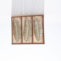 Set Of 3 Champagne Gold Finish 4&quot; Resin Feather Xmas Ornaments w/WOOD Gift Box - £14.76 GBP