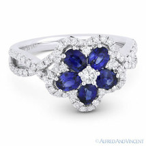 1.64ct Blue Sapphire Diamond Pave 18k White Gold Right-Hand Flower Cocktail Ring - £2,577.31 GBP